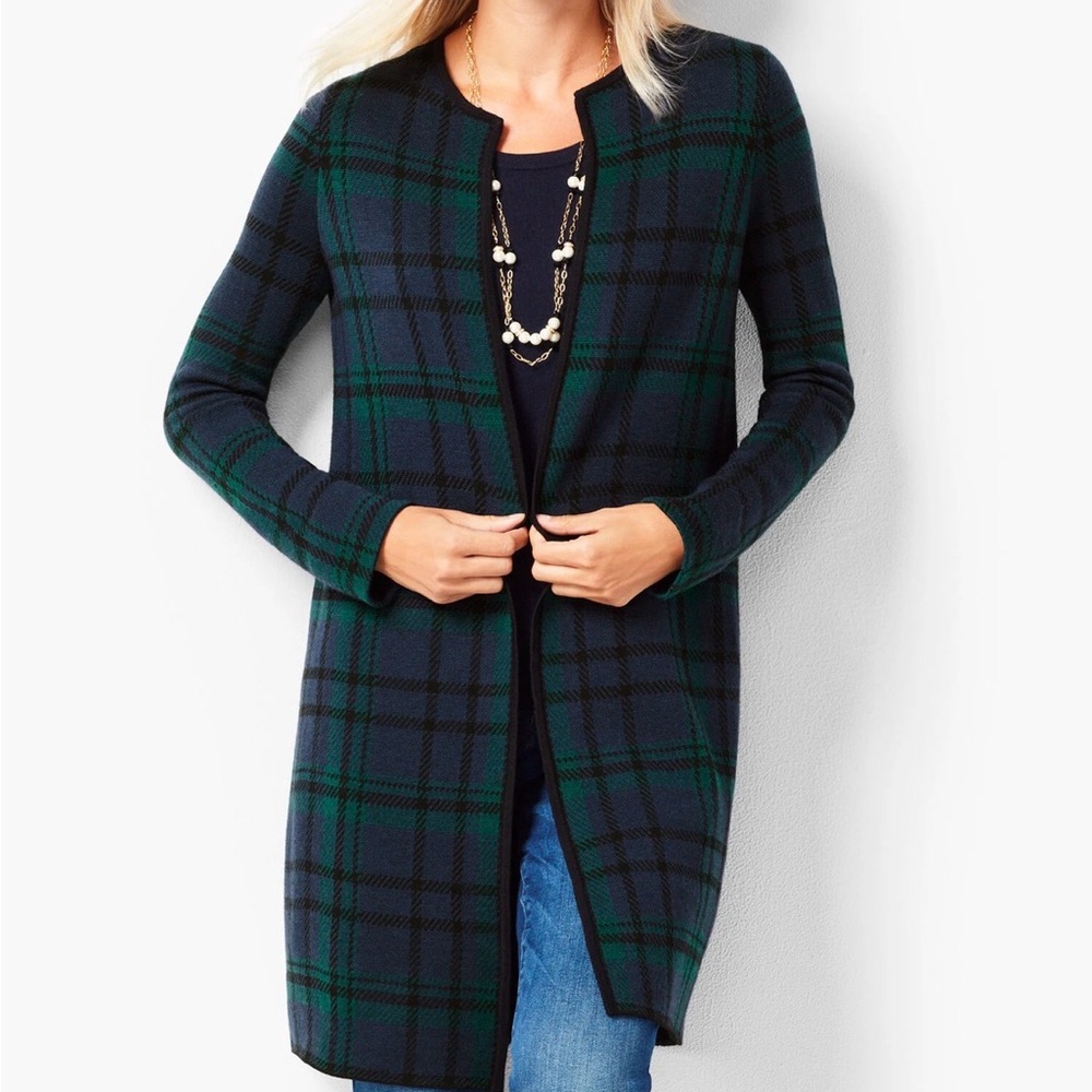 Talbots Black Watch Plaid Merino Cardigan Sweater Long Women L Blue Green Black - Picture 6 of 7